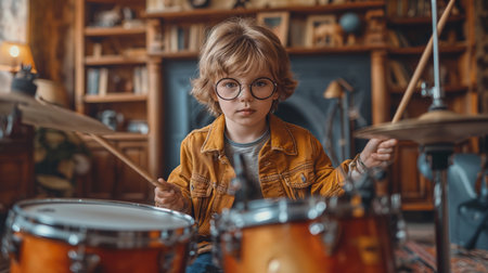 passionate little boy with glasses holding drumsticks and playing the drums inside his houseの素材