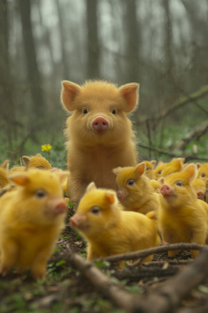 adorable family of yellow pigs, mother watching children playing and having fun in the woodsの素材