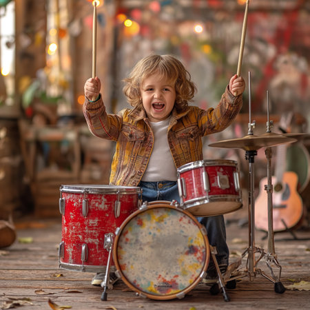 picture of energetic little boy with long blonde hair playing the drums, having fun and enjoying the performance in a music storeの素材
