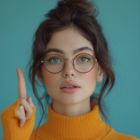 portrait of beautiful woman with green eyes and glasses having an idea, being creative on turquoise backgroundの素材