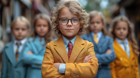 confident little blonde boy with curly hair in orange suit with tie and glasses being a manager of his business school team and leading with arms crossedの素材