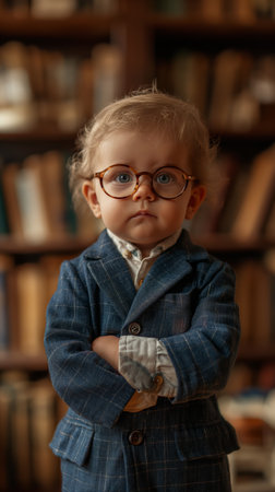 portrait of adorable elegant businessbaby wearing navy blue suit with glasses crossing arms and looking forward while standing in a libraryの素材