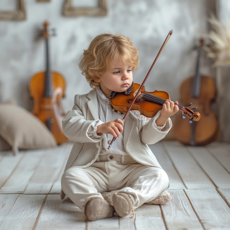 adorable little blonde boy playing the violing while wearing white suit and sitting on the floorの素材