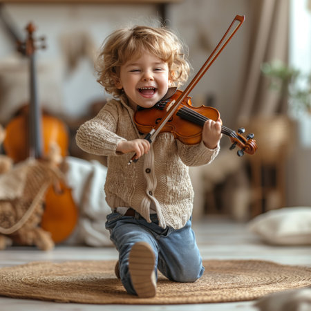 sweet picture of energetic boy with blonde hair playing the violin with passion, smiling and having fun in a music storeの素材