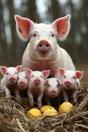 picture of pig mother looking at camera while keeping safe her little pink pigs in the woodsの素材