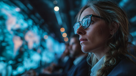 intelligent businesswoman with glasses working with her team on a new futuristic project, on holographic monitorsの素材