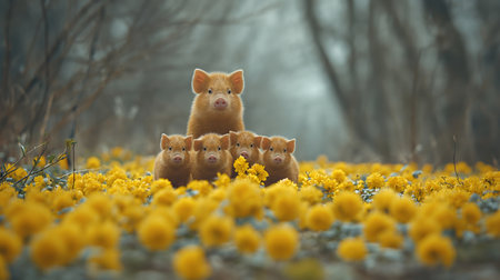 family portrait of yellow pigs, mother taking care of children, sitting among yellow flowers and looking at camera in woodsの素材