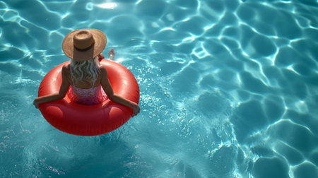 elderly grey haired woman in swimsuit with hat laying on a water coil and enjoying summer daysの素材