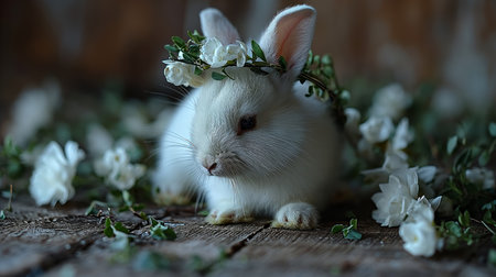 adorable little white bunny wearing crown of white flowers and laying down on wooden tableの素材