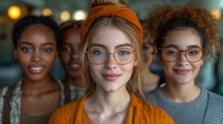 concept of ethnicity diversity illustrated by 5 beautiful girls of diverse ethnicity taking a pictureの素材
