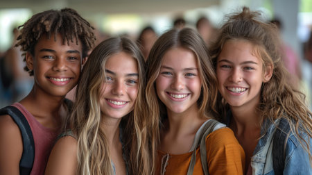 group of young adults, boys and girls, being happy and smiling while taking a picture in schoolの素材