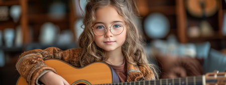 portrait of happy little girl with blonde curly hair and glasses playing acoustig guitar and smilingの素材