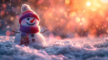 adorable picture of cute little snowman with colorful hat and scarf, on cold winter with rainbow lights from the skyの素材