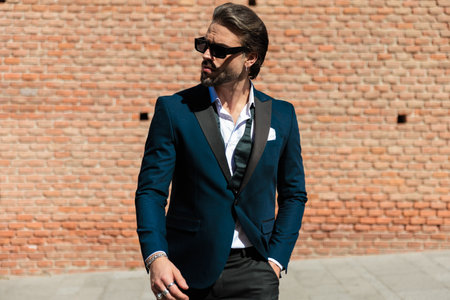 confident bearded man with sunglasses looking to side and holding hand in pocket outdoor in front of old city town from romaniaの写真素材