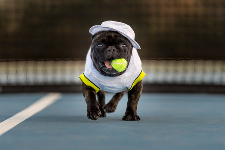 Pug dog wearing a baseball cap with a tennis ball on the courtの写真素材