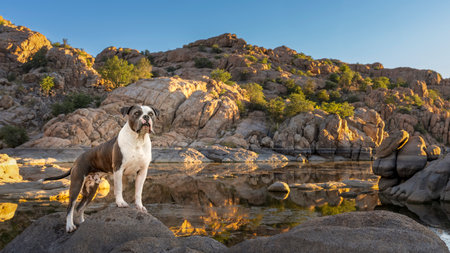 Sunrise portrait of a pitbull at a lake standing on a rockの写真素材
