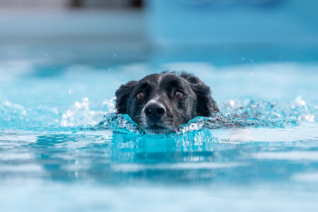 Border collie making a small wake while swimming through the poolの写真素材