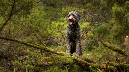 Labradoodle standing on a moss covered branch in the woods for a portraitの写真素材