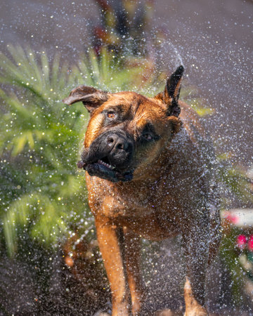 Bull mastiff shaking off lots of water after getting out of a swimming poolの写真素材