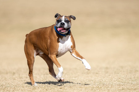 Boxer with his tongue out running in the dry grass at the parkの写真素材