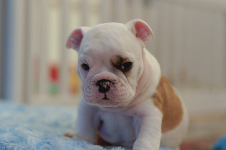 White bulldog puppy sitting on a fuzzy blue blanket shooting a sideways glanceの写真素材