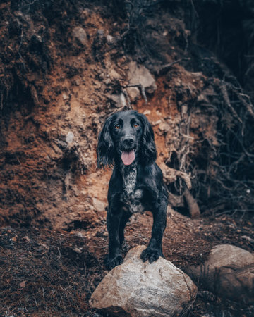 Cocker Spaniel standing on a rock posing for a portrait outside in natural lightの写真素材