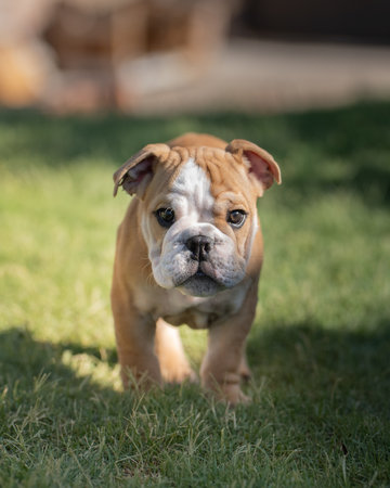 Cute bulldog puppy in the grass walking towards the cameraの写真素材