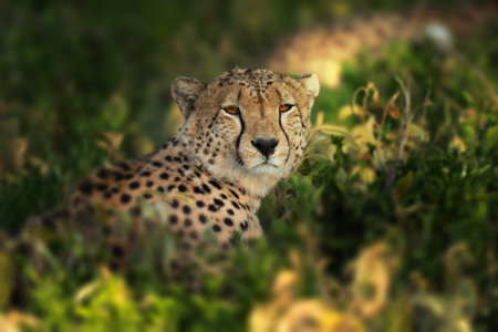 Close up head shot of a cheetah lying in the brush in Africaの写真素材
