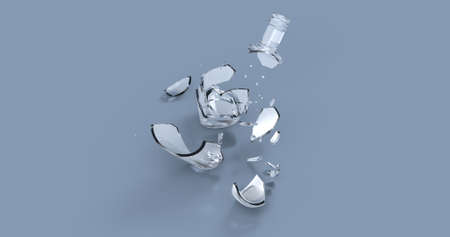 Smashed broken cracked glass soda beer empty bottle. Transparent white color shards. 3D illustration. blue background.の写真素材