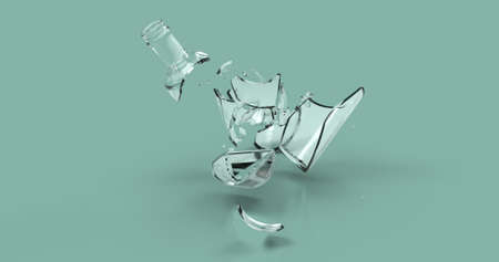 Smashed broken cracked glass soda beer empty bottle. Transparent white color shards. 3D illustration. Green aquamarine background.の写真素材