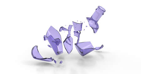 Smashed broken cracked glass soda beer empty bottle. Violet very peri 2022 color shards. 3D illustration.の写真素材