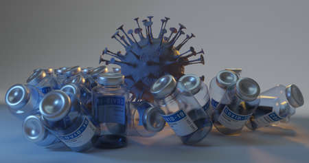 COVID-19 coronavirus cell smashing vaccine bottles playing bowling game. Teal orange gamma. 3D illustration.の写真素材