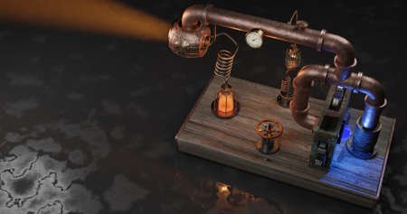Steampunk style vintage lamp lantern flashlirht mechanism with crystals, glowing fluid, pressure gauge, valve, coil, gears and pipes. Teal orange light.の写真素材