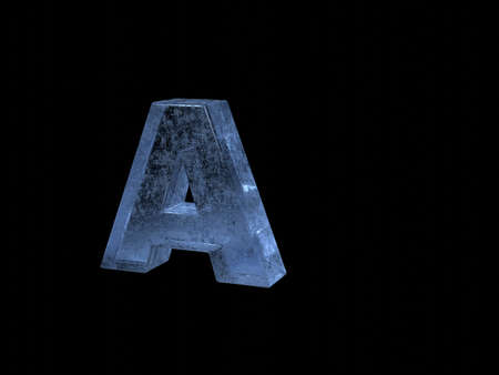 Frosted blue transparent glass letter A on a black background. blue light. 3D rendering.の写真素材