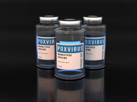 Monkeypox pox poxvirus vaccine glass bottles. Three bottles on black background with reflection. 3D illustration. Teal orange light.の写真素材