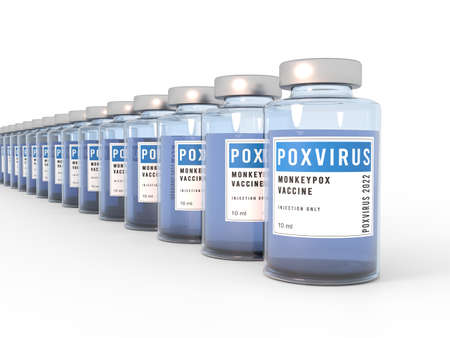 Monkeypox pox poxvirus vaccine glass bottles. Plenty of bottles on white background with shadow. 3D illustration. middle point of view.の写真素材