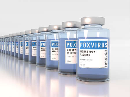 Monkeypox pox poxvirus vaccine glass bottles. Plenty of bottles on white background with reflection. 3D illustration. middle point of view. Teal orange light.の写真素材