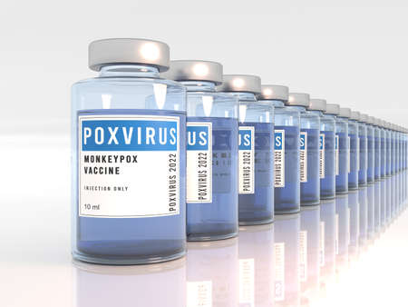 Monkeypox pox poxvirus vaccine glass bottles. Plenty of bottles on white background with reflection. 3D illustration. middle point of view. Teal orange light.の写真素材