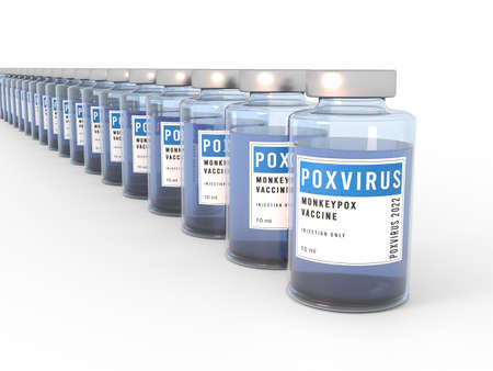 Monkeypox pox poxvirus vaccine glass bottles. Plenty of bottles on white background with shadow. 3D illustration. high point of view. Teal orange light.の写真素材