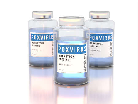Monkeypox pox poxvirus vaccine glass bottles. Three bottles on white background with reflection. 3D illustration. Teal orange gamma. Telephoto lens.の写真素材