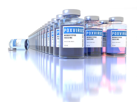 Monkeypox pox poxvirus vaccine glass bottles production line. Plenty of clean bottles on white...