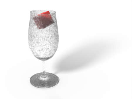 Wine glass with floating red wine cube in it. concept design ideas. Transparent old grunge glass with scratches. White background with shadow. Gray red colors. 3D rendering.の写真素材