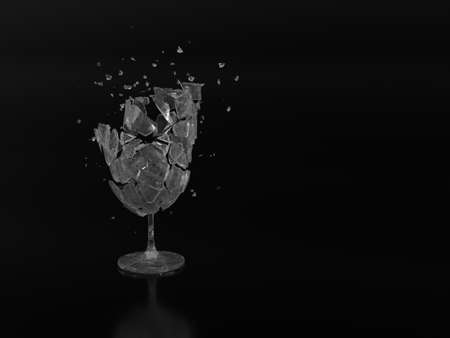 Explosion of wine soda champagne vodka glass. concept design ideas. Transparent old grunge shards with scratches. Black background color with reflection. 3D rendering. Freeze frame bullet time.の写真素材