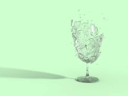 Explosion of wine soda champagne vodka glass. concept design ideas. Transparent old grunge shards with scratches. Green background color with shadow. 3D rendering. Freeze frame bullet time.の写真素材