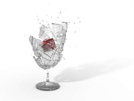 Smashed broken wine soda champagne vodka glass with floating red wine cube in it. concept design ideas. Transparent old grunge shards with scratches. White background with shadow. gray red colorsの写真素材