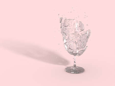 Explosion of wine soda champagne vodka glass. concept design ideas. Transparent old grunge shards with scratches. Red pink background color with shadow. 3D rendering. Freeze frame bullet time.の写真素材