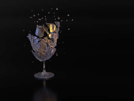Explosion of wine soda champagne vodka glass. concept design idea. Transparent old grunge shards with scratches. Black background color with reflection. Teal orange light colors. 3D rendering. freeze.の写真素材