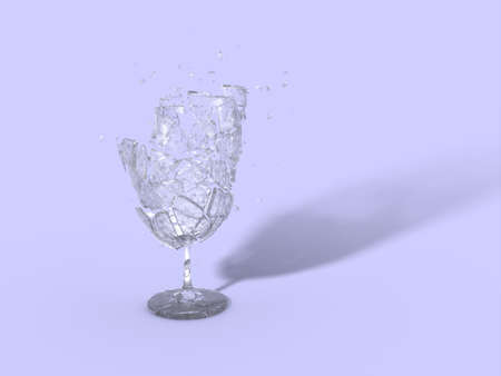 Explosion of wine soda champagne vodka glass. concept design ideas. Transparent old grunge shards with scratches. Blue background color with shadow. 3D rendering. Freeze frame bullet time.の写真素材