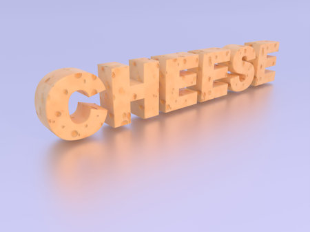 Tasty cheese with holes word 3D render text scene with reflection on blue background. front view.