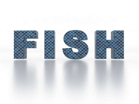 Tasty fish with scales word 3D render text scene with reflection on white background. Perspective front view.の写真素材